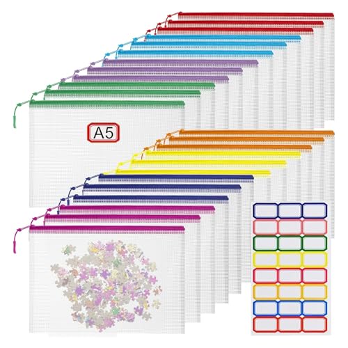 24pcs Mesh Zipper Pouch File Bags Puzzle Storage Bags, A5 Size 9.4 x 6.9 Inches Large Reusable Zipper Pouches for Organizing Classroom Board Game Organization - color: 8 Colors, size: A5