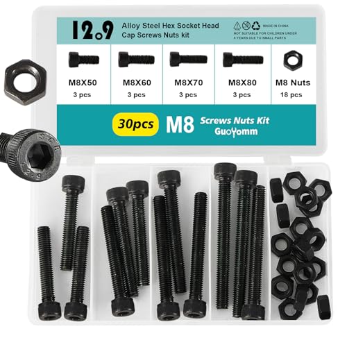 30PCS M8 x 50mm 60mm 70mm 80mm, Hex Socket Head Cap Screws Bolts Nuts Kit, 12.9 Grade Alloy Steel, Black Oxide Finish, Metric Allen Drive, Fully Threaded - size: Socket M8x50/60/70/80mm