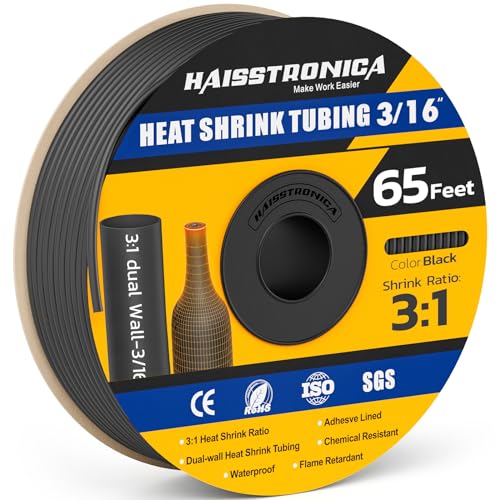 haisstronica 65Ft 3:1 Heat Shrink Tubing Roll 3/16" Black - color: Black, size: 3/16inch