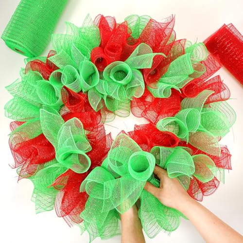 Unittype 5 Rolls Christmas Mesh Ribbon for Wreaths,Red, Green,Polka Dot
