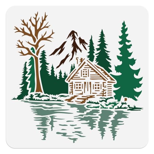 Cabin Tree Stencil, Forest Reusable Painting Template - style: Forest