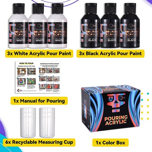 OPHIR 3 Black & 3 White Premixed Acrylic Pour Paint Set, 3.8-Ounce/Bottle - color: 3 Black & 3 White Set