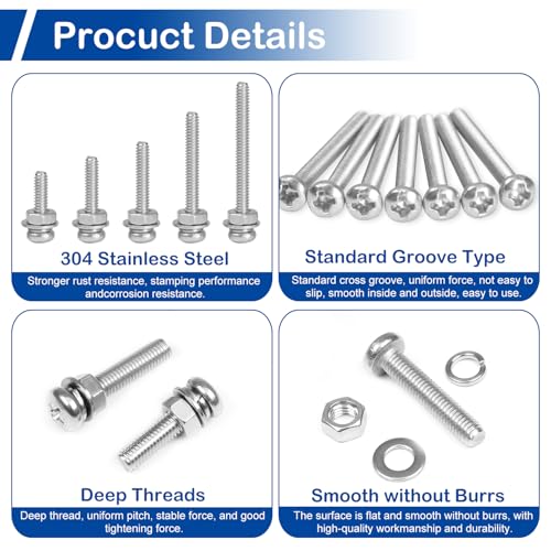 MroMax 640Pcs M3 Phillips Pan Head Machine Screws Kit with Nuts & Washers - size: M3 Assortment Kit