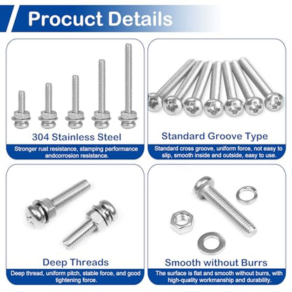 MroMax 640Pcs M3 Phillips Pan Head Machine Screws Kit with Nuts & Washers - size: M3 Assortment Kit