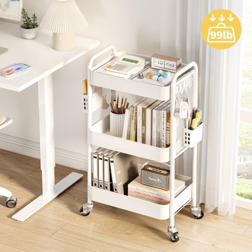 TOOLF 3 Tier Rolling Cart, Metal Utility Storage Cart with Pegboard, White - color: White, size: 3-Tier