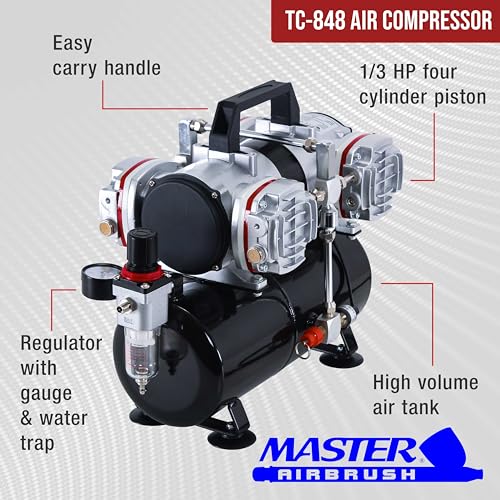 Master Airbrush TC-828 Airbrush Compressor with Tank- 1/3 HP Quad Cylinder - style: Quad Piston with Tank