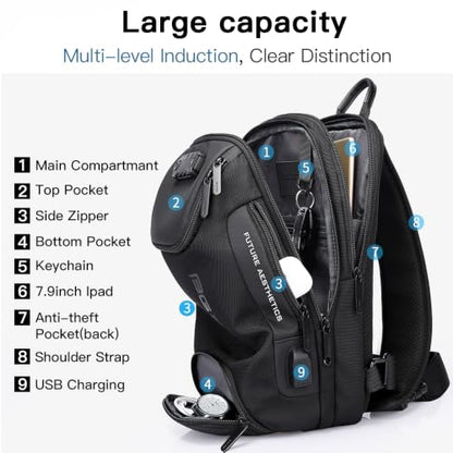 BANGE Men's Sling Backpack - Waterproof Crossbody Bag, Multi-Purpose Shoulder Bag - color: Black
