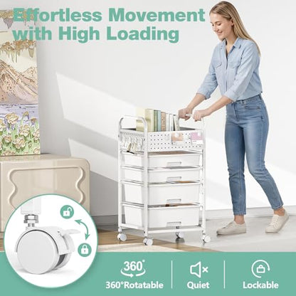 5 Drawer Rolling Storage Cart with Pegboard Top and Hooks, White - color: White, size: 5-Drawers