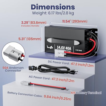 Timeusb 12V 40A LiFePO4 Battery Charger, 14.6V Lithium Battery Fast Charger