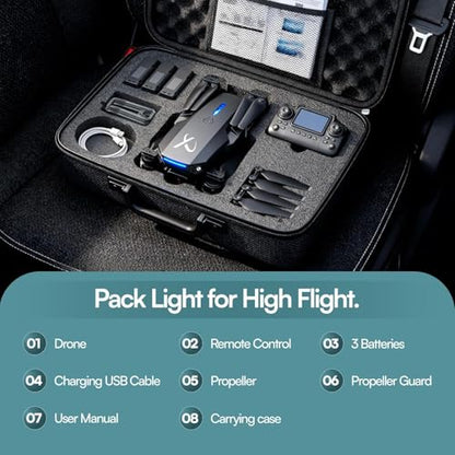Falcon X 4K Camera Drone with Built-In Screen Remote Controller, WiFi FPV Foldable Quadcopter with 3 Batteries & Carrying Case – Beginner-Friendly Drone for Adults