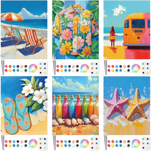 Dinifee 6 Pack Pre Drawn Canvas 8x10 Paint Kit for Adults, Summer Hawaii - style: Summer Hawaii