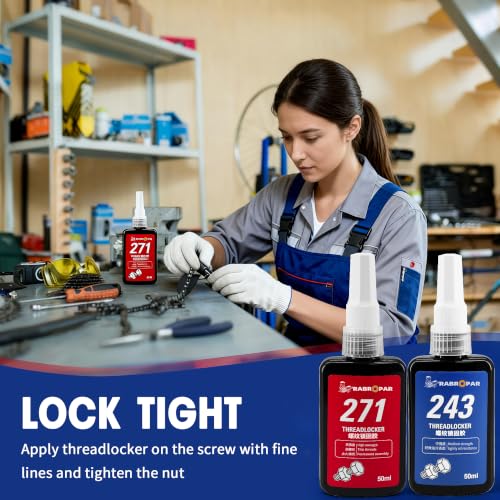 Thread Locker Bule & Red 2 Pack Medium 243 & High 271 Locktight Kit, for Bolts Nuts Fasteners Below M32 for Automotive Industrial Home Use, 50ml + 50ml