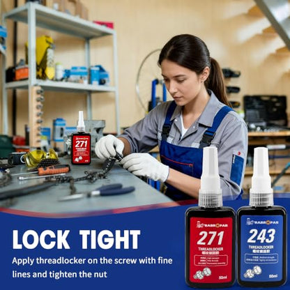 Thread Locker Bule & Red 2 Pack Medium 243 & High 271 Locktight Kit, for Bolts Nuts Fasteners Below M32 for Automotive Industrial Home Use, 50ml + 50ml