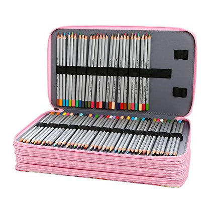 Canvas 300 Slots Pencil Case 4-Layer Zipped Holder w/Handle - color: Pink Flower, size: 300