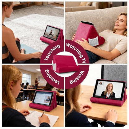 Multi-Angle Tablet Stand with Soft Pad and Net Pocket - Universal Phone and Pad Holder for Lap, Knee, Sofa and Bed (Wine Red) - color: Wine Red