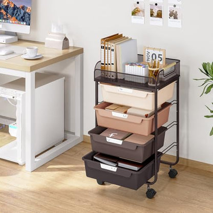 SYKIARIOL 4-Drawer Rolling Storage Cart with Mesh Top,Brown - color: Gradient Brown