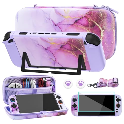 FUNDIARY Travel Carrying Case for Nintendo Switch 2 with Purple Marble Design, Cute Accessories with Portable Storage Bag, Dockable Protective Cover, Screen Protector, Shoulder Strap and 2 Thumb Caps - color: Purple Marble