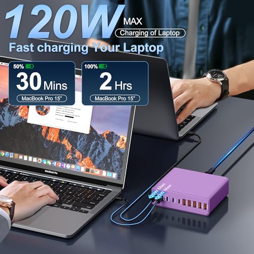 800W USB C Charger Block,10-Port Charging Station - color: Purple