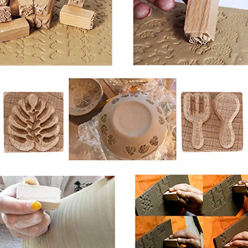 OwnMy Set of 16 Clay Modeling Pattern Stamp Kit Wooden Clay Pottery Stamps