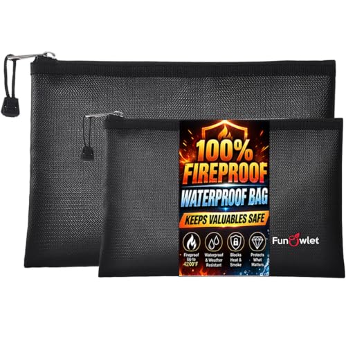 Fireproof Waterproof Money Document Bag, 2Pack Safe Pouch Black