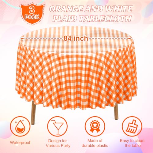 3Pcs Orange Gingham Tablecloths Round, Fall Checkered Table Cover 54x108 In - color: Orange-round