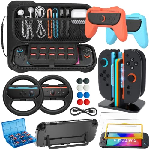 Accessories Bundle for Nintendo Switch 2, OUNFNOE 18-IN-1 Kits for Switch 2 Accessories, Carrying Case, Controller Charging Dock, Joy-Con Thumb Grips, Tempered Screen Protector, Steering Wheels for Mario Kart, Protective Console Cover - color: Accessory f