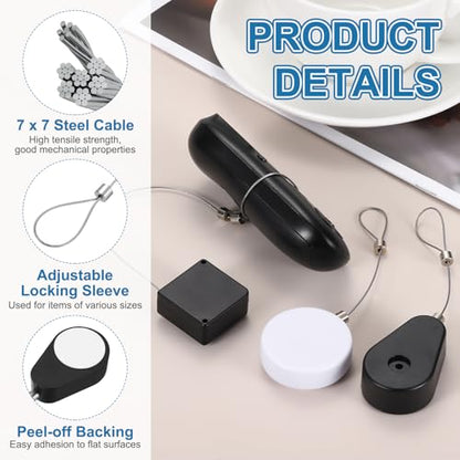 PATIKIL 3.3ft (1M) Retractable Remote Control Cable Tether 1.5N, 3PCS Remote Control Security Lanyard Lock Adjustable Locking Leash with Rope Locks for TV Phone Tablets Showroom, Black - color: Black