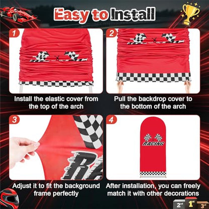 Racing Party Arch Backdrop Cover Set of 3, Spandex 4ft 5ft 6ft Checkered Flag Race Car Chiara Arch Covers for Birthday Baby Shower – Red Black White Stretchy Fitted Round Top Backdrop Cover - color: Black White Checkered Racing Theme Party Arch Raci