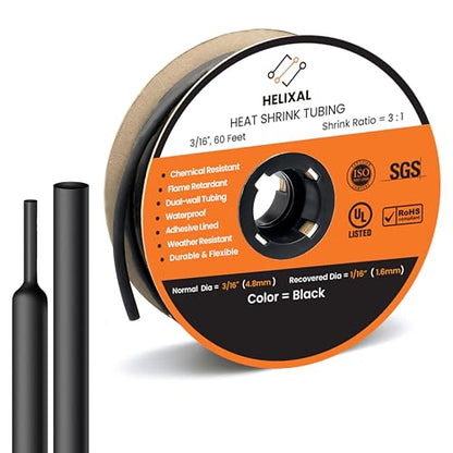 3/16" 4.8mm HELIXAL 3:1 Heat Shrink Tubing Adhesive Dual Wall 60ft Roll - color: 3:1 - Black - Large, size: 3/16" - 60 Feet