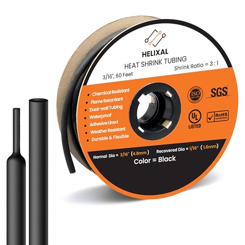 3/16" 4.8mm HELIXAL 3:1 Heat Shrink Tubing Adhesive Dual Wall 60ft Roll - color: 3:1 - Black - Large, size: 3/16" - 60 Feet