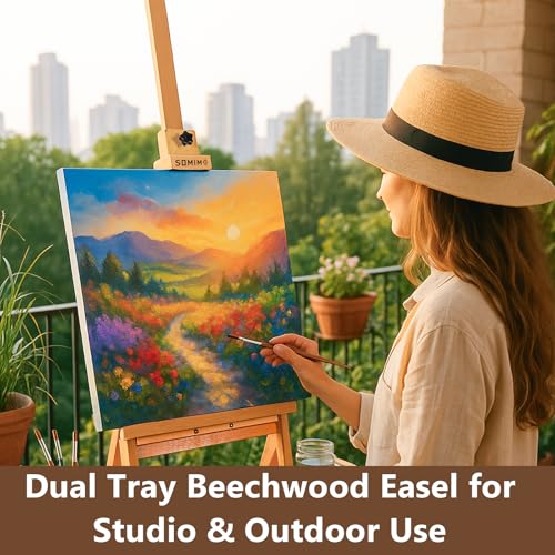 Wooden H-Frame Studio Easel with Storage Drawer and Palettes,Natural - style: Side Trays Natural