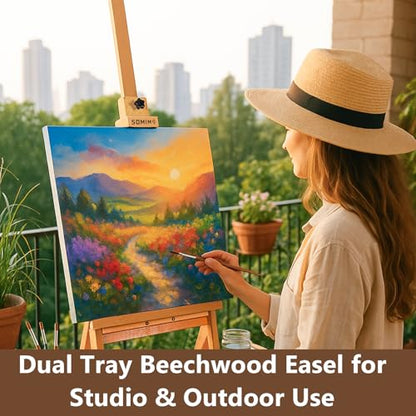 Wooden H-Frame Studio Easel with Storage Drawer and Palettes,Natural - style: Side Trays Natural