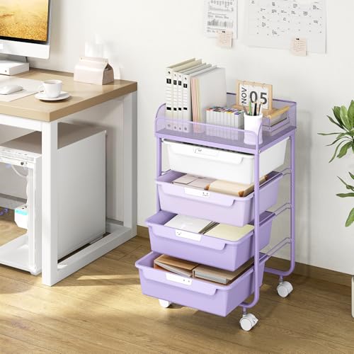 SYKIARIOL 4-Drawer Rolling Storage Cart with Mesh Top,Purple - color: Purple