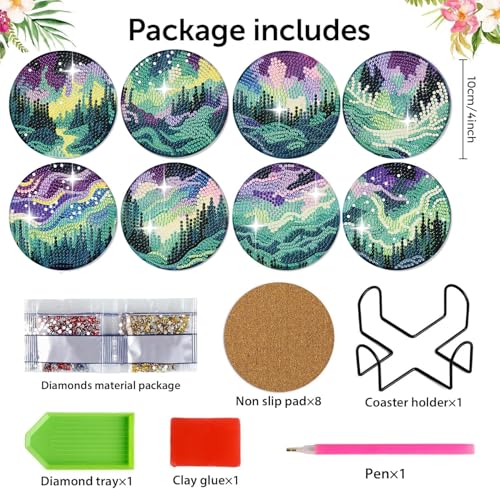8 Pack Diamond Art Coasters,Northern Lights Diamond Painting Coasters Kits - color: Aurora Coasters