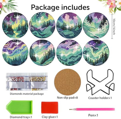 8 Pack Diamond Art Coasters,Northern Lights Diamond Painting Coasters Kits - color: Aurora Coasters