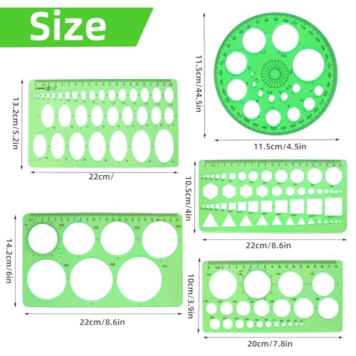 5PCS Circle Template Measuring Geometry Ruler Geometric Drawings Stencils Rulers, Plastic Circle and Oval Measuring Templates(Green)