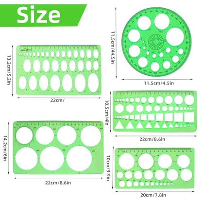 5PCS Circle Template Measuring Geometry Ruler Geometric Drawings Stencils Rulers, Plastic Circle and Oval Measuring Templates(Green)