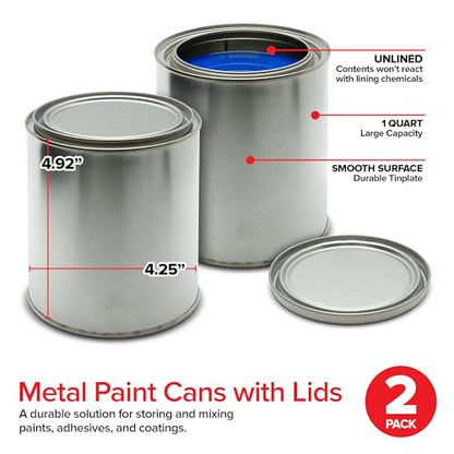 Stock Your Home 1 Quart Unlined Metal Paint Cans with Lids (2 Pack), Empty Quart Paint Cans for Storage, Mixing, Touch Ups and Crafts - Made in USA, Metal Buckets with Friction Fit Lids - size: 2 Pack