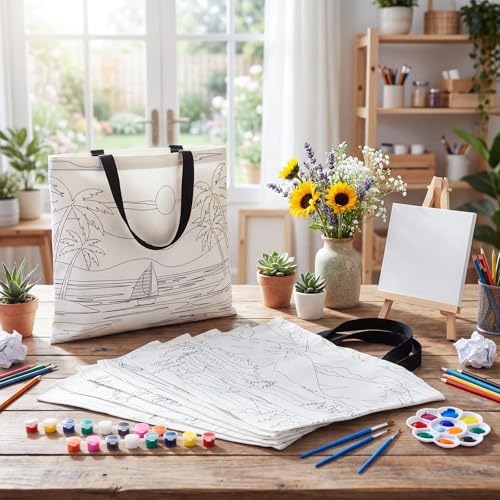 Locmeo 10 Set Paint and Sip Canvas Bags Pre Drawn Kit,Scenery - style: Scenery
