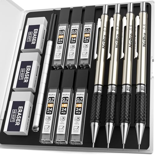 Nicpro Art Mechanical Pencil Set in Case, 4 PCS Metal Drafting Pencil - style: 4 Pack (0.5mm+0.7mm)