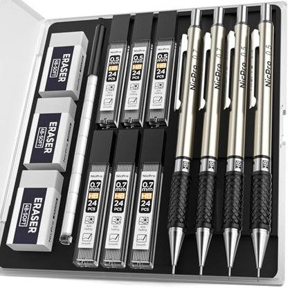 Nicpro Art Mechanical Pencil Set in Case, 4 PCS Metal Drafting Pencil - style: 4 Pack (0.5mm+0.7mm)