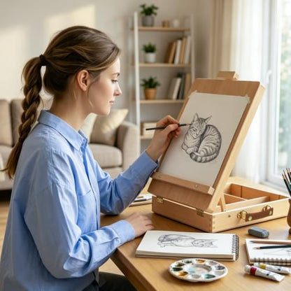 Tabletop Easel for Painting, Adjustable Beechwood Sketchbox, Portable