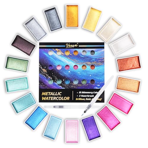 VEESA Metallic Watercolor Paint, 18 Shimmer Colors + 2 Waterbrushes