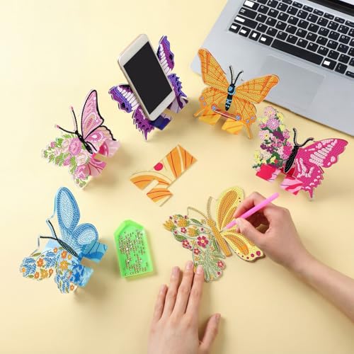 Saillong 6 Pcs Butterfly Diamond Art Phone Stand, Full Drill Crystal - style: Butterfly