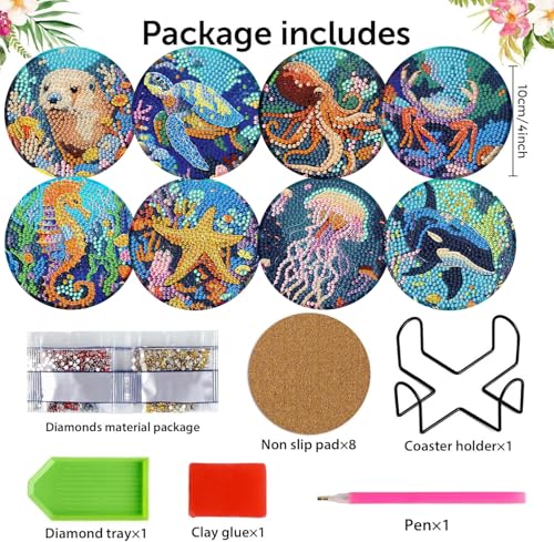 8 Pack Diamond Art Coasters,Ocean animal Diamond Painting Coasters Kits - color: Ocean Coasters-B