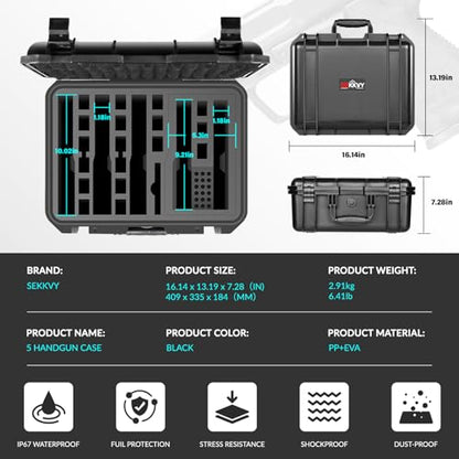 SEKKVY Gun Case for Handguns, Pistol Case Hard Shell - color: 5 Pistol & 18 Magazine, Black