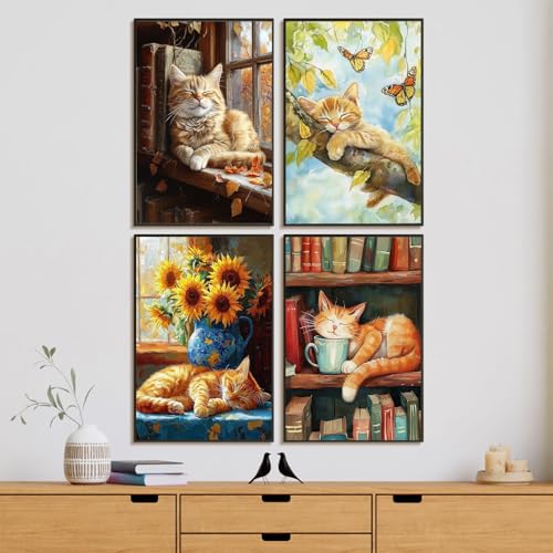 4 Pcs Framed Paint by Numbers Kit for Adults Sleeping Cat with Wooden Easel - color: YOP4P10