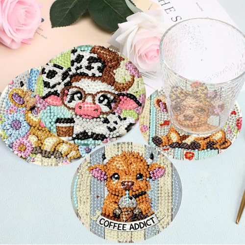 Diamond Art Coasters Kit for Adults, Diamond Painting Coasters - color: Cow-1