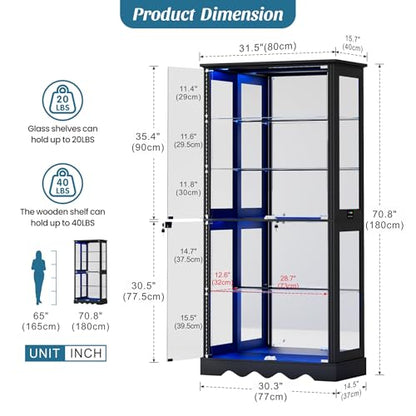 Dystler Display Cabinet with Glass Doors, RGB Lights for Collectibles - color: Black
