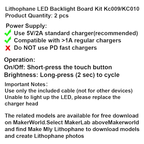 Lithophane Led Backlight Board Kit KC009 KC010 for Bambu Lab H2D/X1/P1P/A1 LED Light Board LED Backlights Makerworld Model Parts USB 3D Print Accessory Photo Model DIY Light Box（2PCS） - size: S